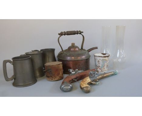 A quantity of collectables to include 1897 Queen Victoria enamel beaker, copper kettle, pewter tankards, replica pistols etc