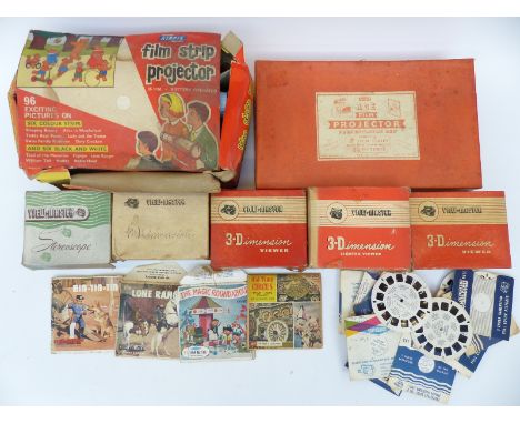 Five vintage 3D View-Masters together with a Merit Ace projector, an Airfix film strip projector and various slides, all in o