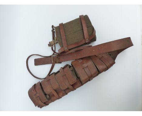 Swedish Army leather bandolier together with metal water bottle and leather carrier/ holder