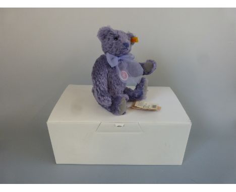 Steiff Classic Teddy Bear with lavender mohair, purple ribbon and jointed limbs, 28cm tall, with original box