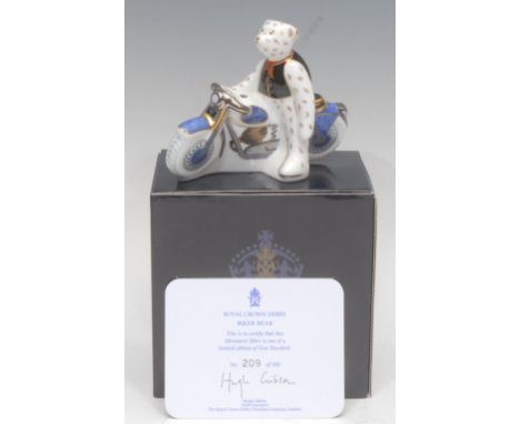 A Royal Crown Derby Miniature Teddy Bear, Biker Bear, limited edition 209/500, 10cm high, 13cm wide, printed mark in red, fir
