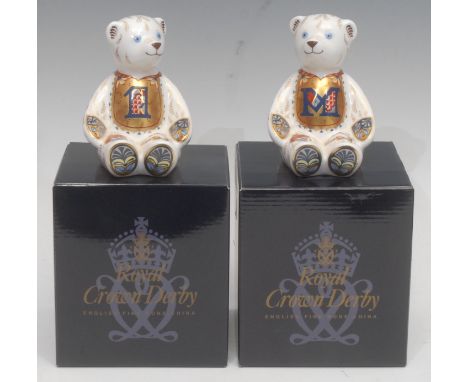 A Royal Crown Derby paperweight Teddy Bear, Alphabet Bear "M", gold stopper, 10.5cm, printed mark in red, boxed; another, Num