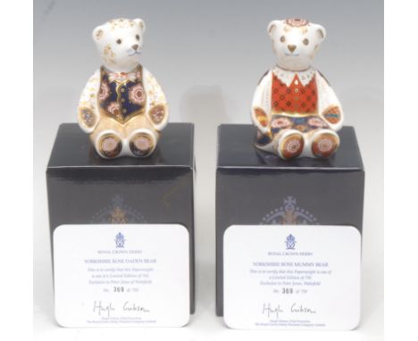 A pair of Royal Crown Derby paperweight Teddy Bears, Yorkshire Rose Daddy Bear and Yorkshire Rose Mummy Bear, limited edition