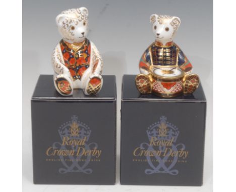A Royal Crown Derby paperweight Teddy Bear, Debonair Bear, gold stopper, 11.5cm, printed mark in red, boxed; another, Drummer