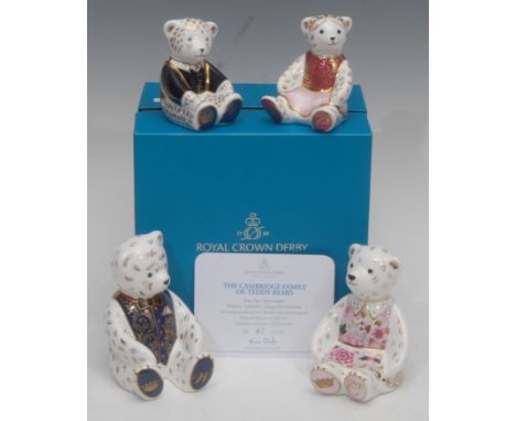 A Royal Crown Derby paperweight family, The Cambridge Family of Teddy Bears, William, Catherine, George and Charlotte, exclus