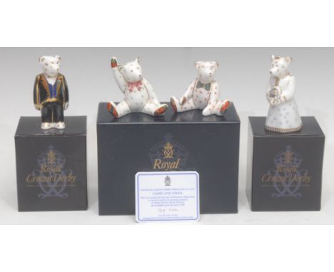 A pair of Royal Crown Derby Miniature Teddy Bear models, James &amp; Emma, produced exclusively for Royal Doulton in the year