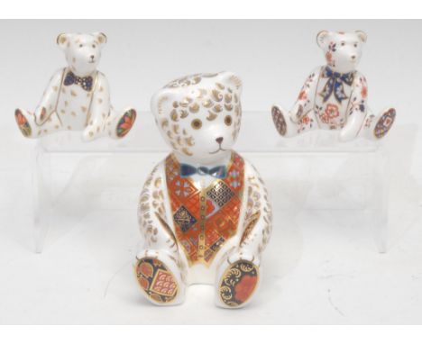 A Royal Crown Derby paperweight, Blue Bow Tie Teddy Bear, with Imari pattern waistcoat, 12cm, silver stopper, second quality;
