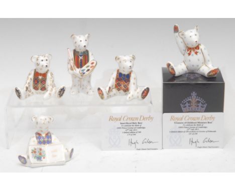 A Royal Crown Derby Miniature Teddy Bear, Claude Artist, 9cm, printed mark in red, first quality; others similar, With Love, 