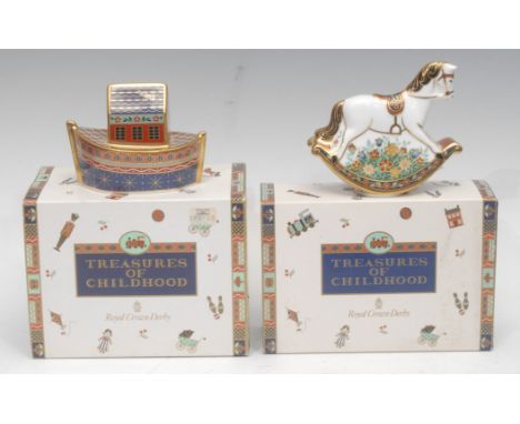 A Royal Crown Derby Treasures of Childhood Miniature Model, Rocking Horse, 9cm, printed mark in red, boxed; another, Noah's A