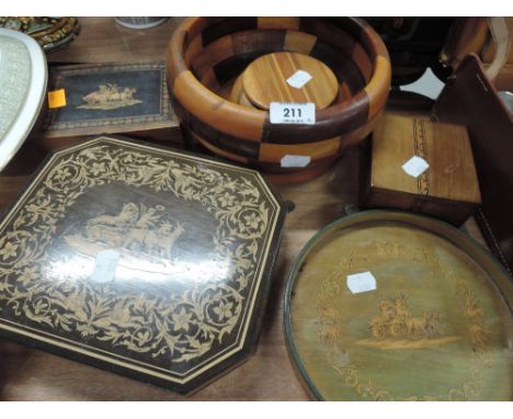 A selection of treen wood items including inlaid trinket boxes 