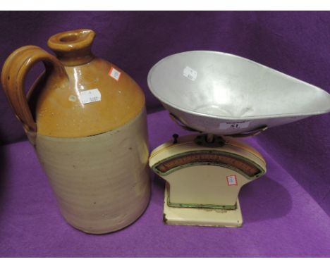 A set of vintage scale and ceramic flagon