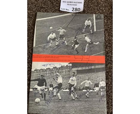 Football : ENGLAND great single page of action against Scotland with signatures 1960s inc heroes Cohen, Banks, Bobby Moore (x
