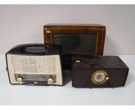 Three mid 20th century radios - walnut cased Pye, bakelite cased Stella and HMV alarm clock radio 