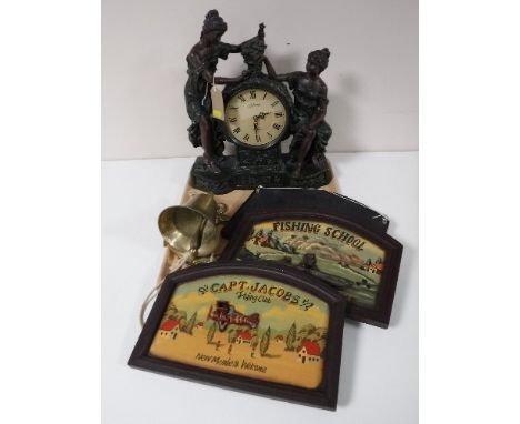 A tray of contemporary Julianna Quartz mantel clock, three wooden wall plaques, brass ship's anchor bell 