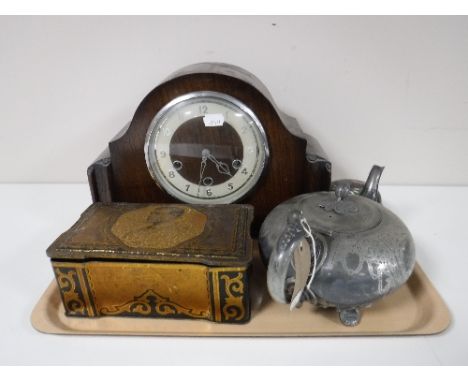 An oak cased Smiths mantel clock, together with a Cloisonne lidded dish, an antique plated tea pot and a vintage tin 