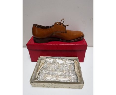 A pair of boxed Trickers bench made brown leather shoes and a vintage beaded purse 