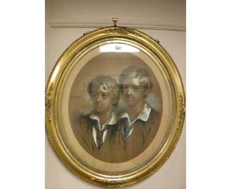 William Crawford : Portrait study of two young boys, colour chalks, 52cm x 62cm, framed