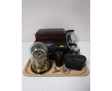 A tray of Victorian mahogany caddy, pair of boxed Edinburgh International engraved whiskey tumblers, plated ware, anniversary