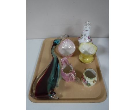 A tray of studio glass duck, Hammersley china sugar sifter and four pieces of Maling china 