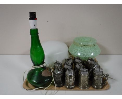 A tray of eleven table lighters in the form of tankards, opaline glass light shade, glass deco light shade and a glass bottle