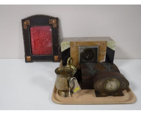 A tray containing a part art deco, marble mantel clock, photo frame, metal bound casket, etc  
