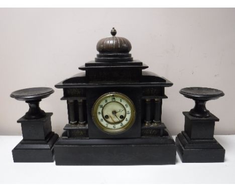 A three piece black slate clock garniture (3)