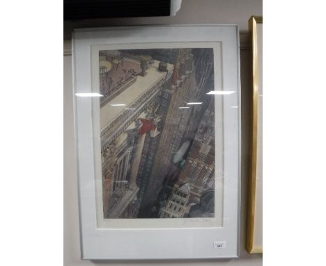 A contemporary framed limited edition print - woman hanging from a New York skyline by Scluitch  