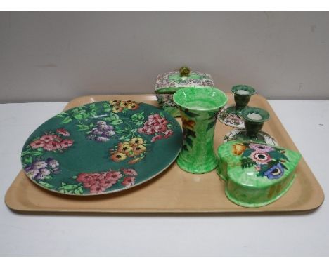 A tray of Maling wall plaque no. 6274 and a pair of Maling azalea candlesticks,  two trinket boxes and a vase (6) CONDITION R