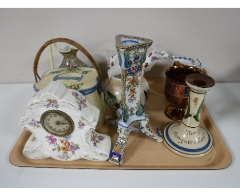 A tray containing a copper lustre twin handled mug, Boothe's Pompadour jug, cow creamer, china mantel clock, a continental ch