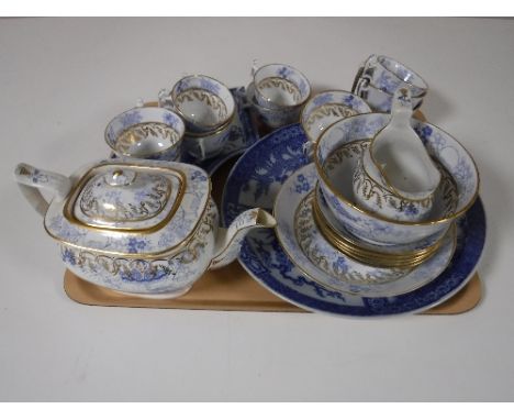 A tray containing a 20 piece white, blue and gilt Oriental tea service, together with a twentieth century blue and white Chin