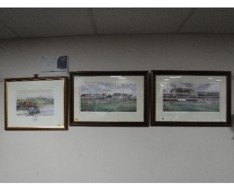 Two terry Harrison signed cricket prints, 'Trent Bridge' and 'the Oval', together with a Tom Harland signed limited edition p