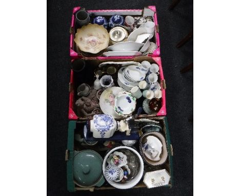 Three boxes containing assorted china, including Denby dinner ware, Wedgwood cups and saucers, contemporary carriage clock, g