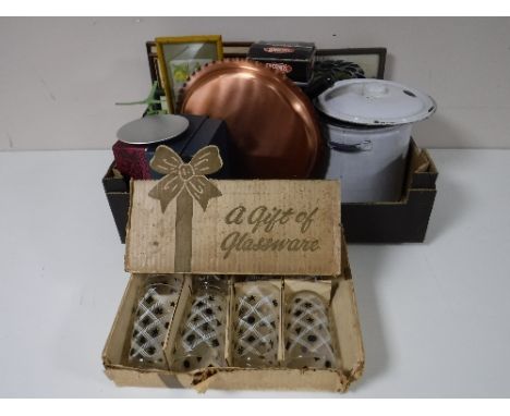 A box of kitchen ware - enamelled lidded pot, copper tray, boxed glass ware, set of vintage Salter dietary balance scales, fr