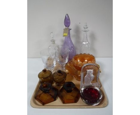 A tray of assorted glassware including etched decanters and goblets, part smoked glass trinket set, carnival glass, together 