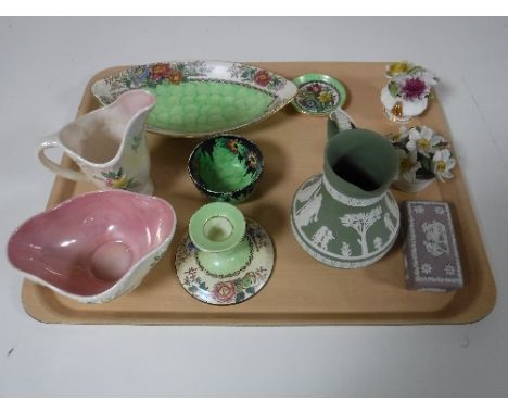 A tray containing six pieces of Maling lustre china, a Wedgwood Jasperware jug and trinket dish, together with two china flow