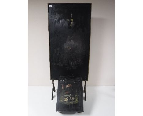 An antique brass hand painted French fire screen, together with and early twentieth century hand painted coal receiver 