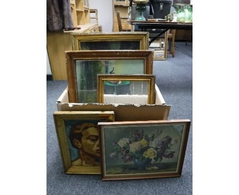A box of continental school framed oils - still lifes, country scenes etc and a framed Muller Jun print - hunting dog 