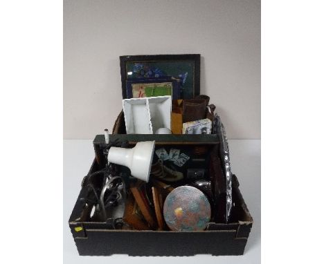 Two boxes containing wooden plaques, mid twentieth century desk lamp, framed football montage, wooden caddie glass lamp shade