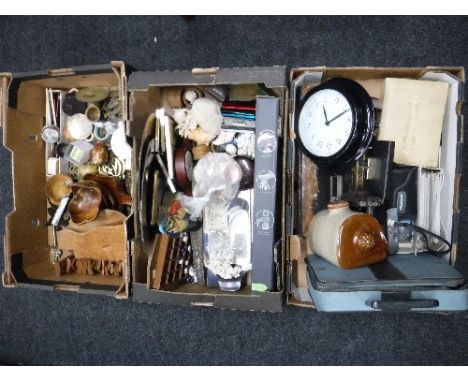 Three boxes containing wooden pieces, shells, vintage hot water bottle, a vintage Titan hand sewing machine, postcards, camer