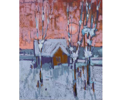 {Sepp Brauchle. 1917 - Ravensburg - 2001.} Sign. und (19)66 dat. Haus im Schnee. Öl/Lwd. auf Platte. 70 x 60 cm. R