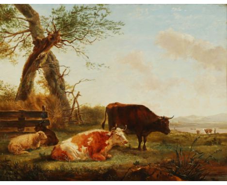 {Jan II. Baptist Kobell. 1778 Delftshagen - 1814 Amsterdam.} Sign. Kühe, Schaf und Ziege unter Knüppelweide vor Flusslandscha