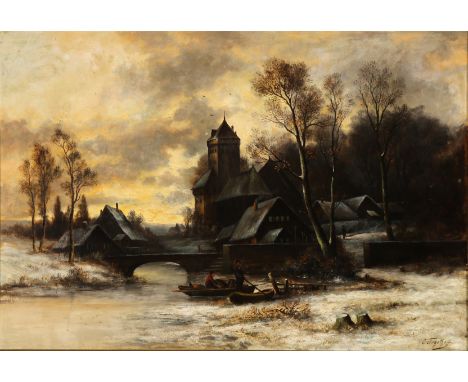 {Carl Tegethoff. Maler des 19./20. Jh.} Sign. Winterliche Flusslandschaft mit Burg und Brücke. Öl/Lwd. 62 x 90 cm. R