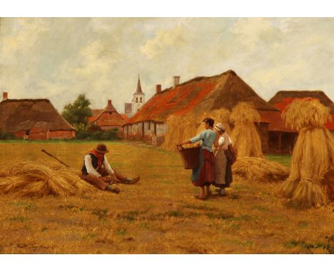 {Frans Pieter Lodewyk van Kuyck. 1852 - Antwerpen - 1915.} Sign. und 1893 dat. Landarbeiter mit Strohmieten vor großem Gehöft