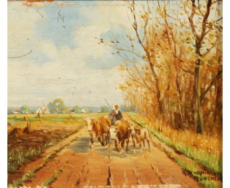 {Karl Rohrhirsch. 1875 München - 1954 Greding.} Sign. und Ortsbez. München. Vieh auf dem Weg. Öl/Ktn. 9 x 11 cm. R