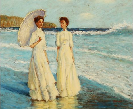 {Maler des 20. Jh.} Sign. Baron. Zwei junge Damen am Strand. Öl/Lwd. 50 x 61 cm. R
