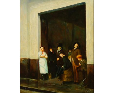 {M. Paulus. Maler des 20. Jh.} Sign. Passanten suchen in einem Hauseingang Schutz vor dem Regen. Öl/Holz. 50 x 40 cm. R