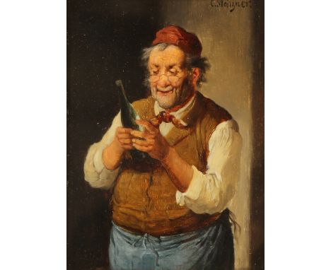 {Constantin Stoitzner. 1863 Busau (Mähren) - 1934 Wien.} Sign. Wirt prüft eine Weinflasche. Öl/Holz. 21 x 15 cm. R