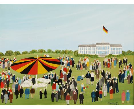 {Maja Kunert. Geb. 1924 in Flensburg.} Sign. und 1975 dat. Verso bet. "Sommerfest beim Bundeskanzler". Öl/Ktn. 30 x 40 cm. R