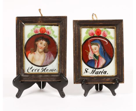 {Paar Hinterglasbilder.} Ecce Homo und Maria. Oberammergau, Anf. 19. Jh. Jew. 14 x 10 cm. R