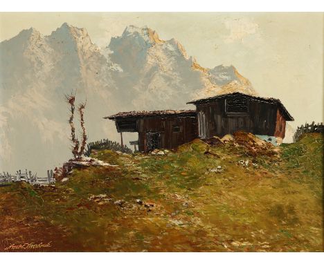 {Georg Arnold-Graboné. 1896 München - 1982 Starnberg.} Sign. Hochgebirgslandschaft mit Bauernhof. Öl/Lwd. 60 x 80 cm. R